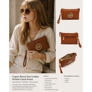 Mia K Farrow Collection Cognac Brown Wristlet Clutch Gold Hardwa